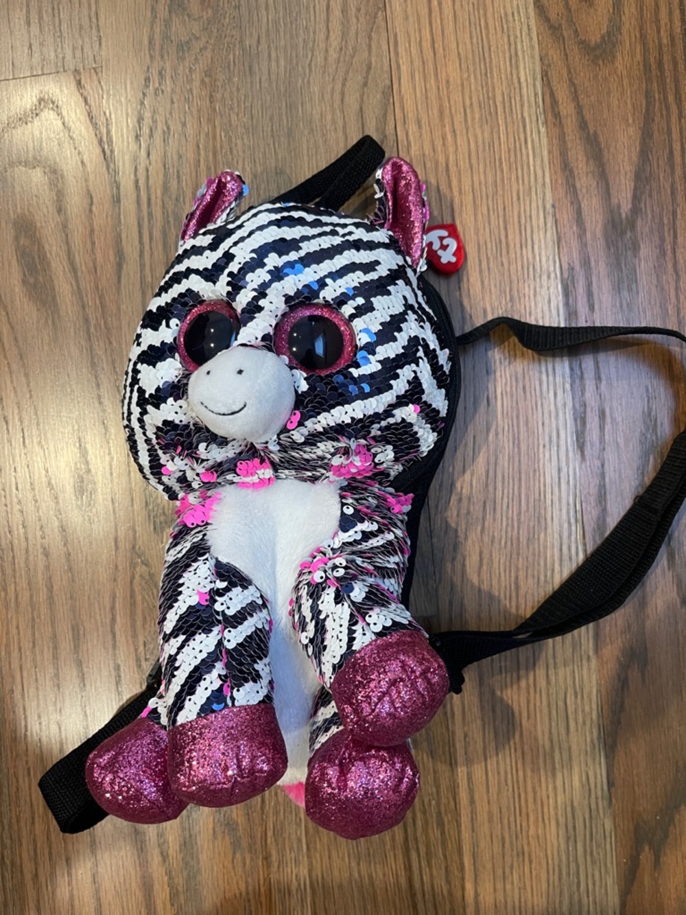 Ty Sequin Zebra Plush Backpack in Black, White & Pink